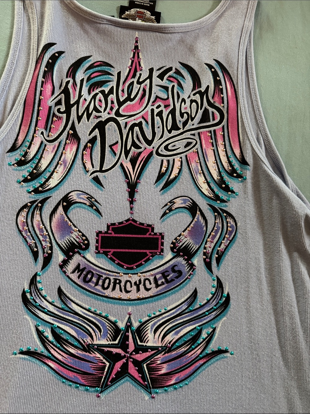 Harley-Davidson Light Lavender Tank with Rhinestone Logo and Floral Accent - Picture 5 of 5